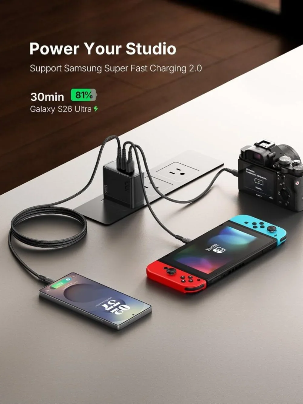 100W GaN Fast Charging Block, 3-Port USB-C Charger & 5ft Cable, Travel Ready!